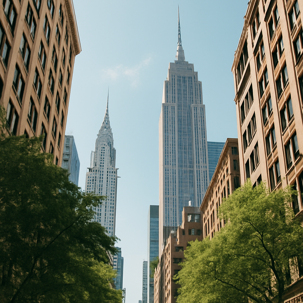 City skyscrapers and summer trees